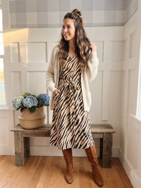 Talbots Beige and Black Zebra-Print V-Neck Midi Dress with Tie Waist 8